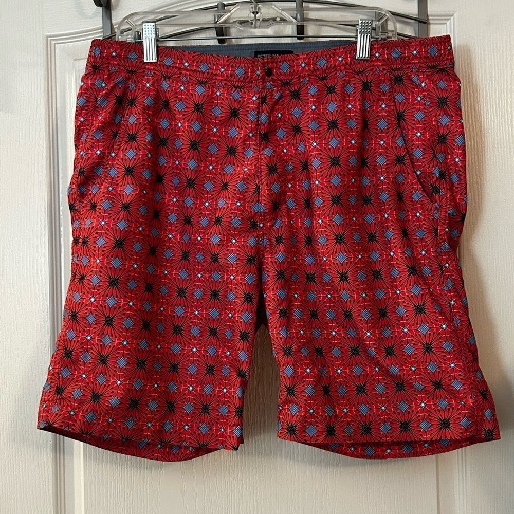 Peter Millar 8" Swim Trunks Lined Mens‎ M Pink Blue Floral Print Pockets Elastic